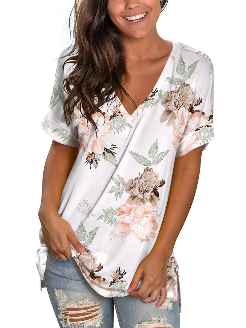 SAMPEEL Floral Summer Tops for Women Short Sleeve Tee Shirts V Neck Rose Flower High Low L - Image 2